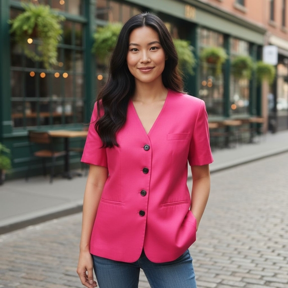 NEW Rena Rowan Womens Blazer Suit Top Size 4 Pink Button-Down Short Sleeve USA - Picture 2 of 12